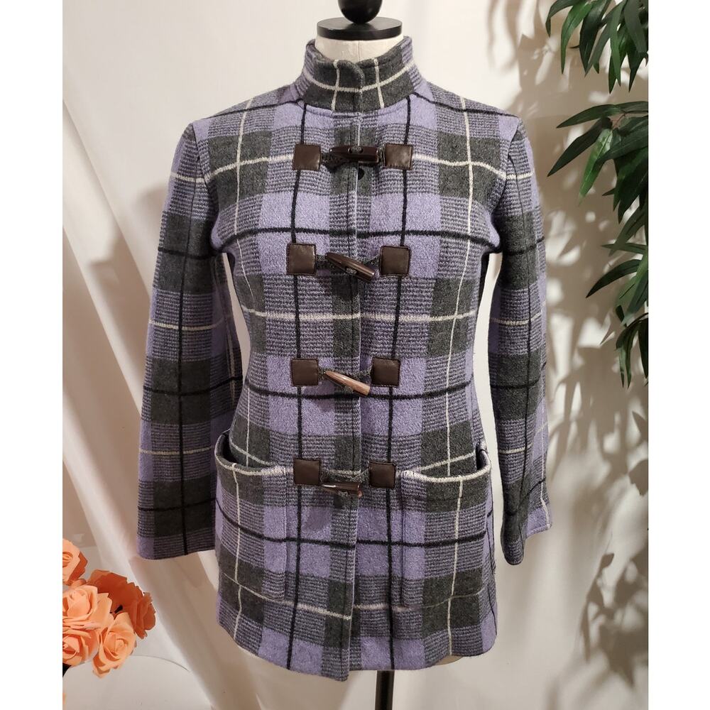 Vtg Doncaster 100% Wool Plaid Toggle Peacoat Womens Size XS Pockets Purple Gray